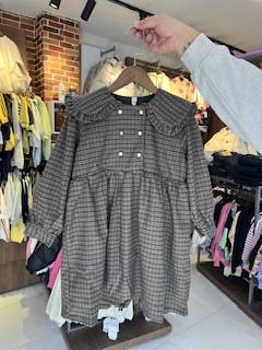 پیراهن پاییز دخترانه یقه ملوانی چهارخونه آستردارچین دار زیر سینه بچگانه